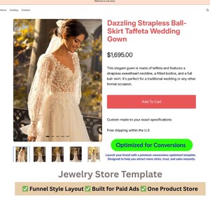 Könnte beinhalten: Ein weißes, trägerloses Brautkleid aus Taft mit herzförmigem Ausschnitt und weitem Rock. Das Kleid hat lange, transparente Ärmel mit floraler Stickerei. Der Text "Optimized for Conversions" ist ebenfalls im Bild enthalten.