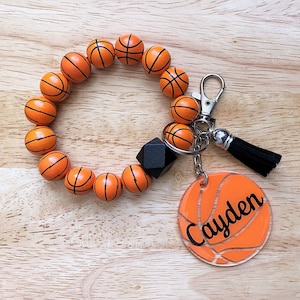 Personalized Sports Basketball Wristlet Wood Bead Bracelet Keychain - Custom Basketball Wristlet