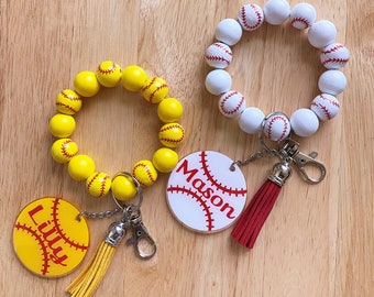 Personalized Sports Baseball Wristlet Wood Bead Bracelet Keychain - Custom Softball Wristlet