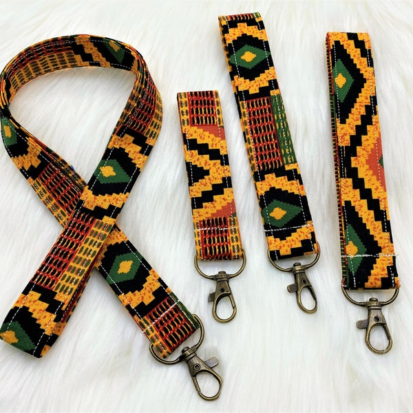 Tribal Kente Lanyard | Kente Wristlet | Kente Keychain | Cotton Fabric Lanyard or Wristlet Keychain Strap