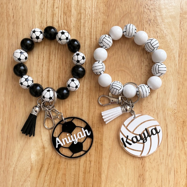 Personalized Sports Print Wristlet Wood Bead Bracelet Keychain - Soccer / Volleyball