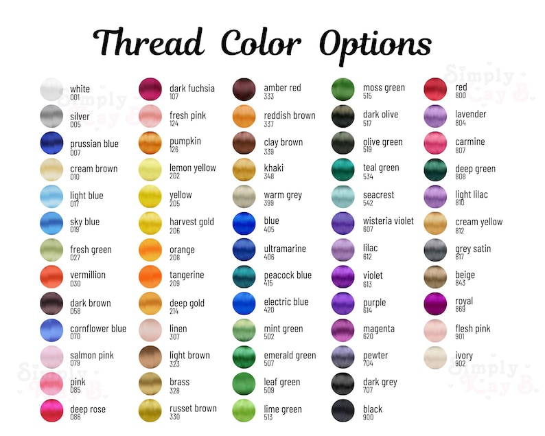 May include: A color chart titled Thread Color Options featuring five vertical columns of circular swatches. Each swatch displays a unique color with its corresponding name and three-digit numerical code printed in black text to the right.