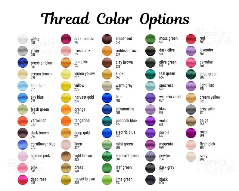 May include: A color chart titled Thread Color Options featuring five vertical columns of circular swatches. Each swatch displays a unique color with its corresponding name and three-digit numerical code printed in black text to the right.