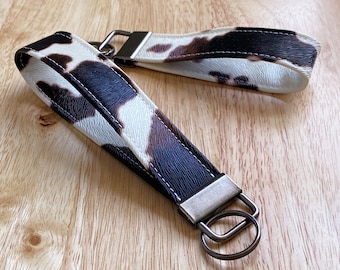 Cow Print Wristlet Keychain Strap: Faux Leather Key Fob Lanyard