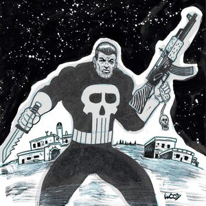 Puede incluir: Ilustración en blanco y negro de un personaje con traje negro y emblema de calavera, empuñando un cuchillo y un rifle. El fondo muestra un cielo estrellado y edificios.