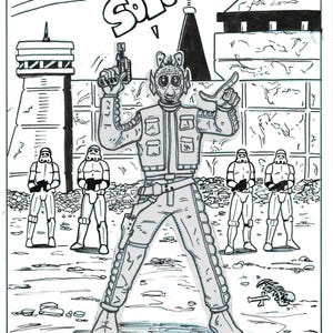 Puede incluir: Ilustración en blanco y negro de estilo cómic que presenta a un personaje de Star Wars sosteniendo un bláster, con la palabra "Solo" arriba. Soldados de asalto y un caza TIE en el fondo.