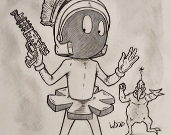 Marvin the Martian mixed media on 9x12 vellum.