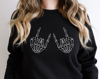 Rock On Skeleton Hands Tshirt, Funny Halloween Gift T Shirt, Rock Music Lover Skeletons Sweatshirt, Rocker Skull Tee, Halloween Party Outfit