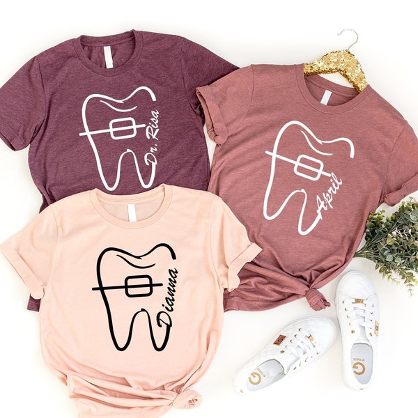 Customized Dentist Tshirts, Dental Braces Gift T Shirt, Personalized Tooth Tee, Cute Dental Assistant Smile Dent Clothing, Dentist's Outfit