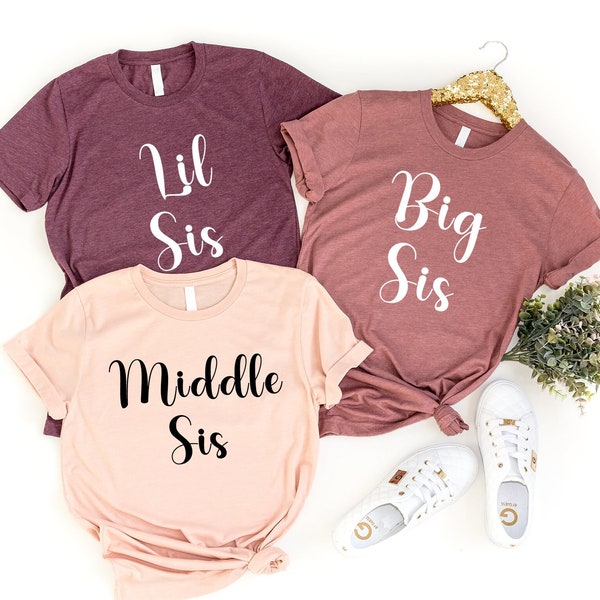 Big Middle Little Sister Shirts, Big Sis Lil Sis Gift Tshirts, Pregnancy Baby Announcement, Family Matching Sibling Sweatshirts, Girls Trip