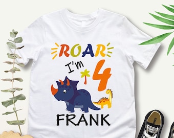 Roar I'm 4 Tshirt, 4th Birthday Gift Shirt, Dino Forth Birthday Shirts, Custom Birthday Gift Tee, Personalized Kids Colorful Dinosaur Tee