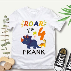 Roar I'm 4 Tshirt, 4th Birthday Gift Shirt, Dino Forth Birthday Shirts, Custom Birthday Gift Tee, Personalized Kids Colorful Dinosaur Tee