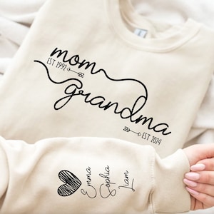 Custom Mom Grandma Est Year Sweatshirt, Mothers Day Gift, Personalized Pregnancy Announcement,Baby Reveal To Family,Gift Sweater For Grandma