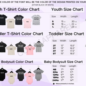 May include: Chart showing youth, toddler, and baby bodysuit sizes and colors. The chart includes measurements in inches for width, length, and chest. The colors include white, black, sand, dark grey heather, pink, and athletic heather.