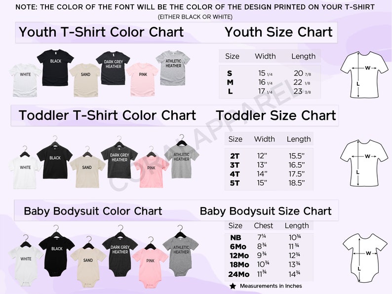 May include: Chart showing youth, toddler, and baby bodysuit sizes and colors. The chart includes measurements in inches for width, length, and chest. The colors include white, black, sand, dark grey heather, pink, and athletic heather.
