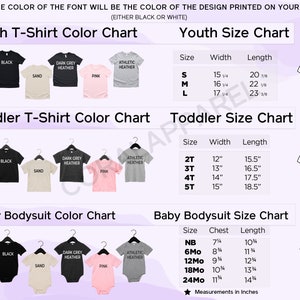 May include: A chart showing youth, toddler, and baby bodysuit sizes and colors. The chart includes measurements in inches for width, length, and chest. The colors available are white, black, sand, dark grey heather, pink, and athletic heather.