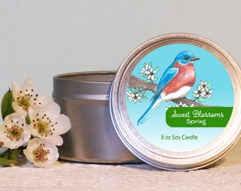 New! SPRING - Blue Bird - Sweet Blossoms - 8 oz Soy Candle