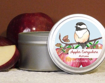 New! AUTUMN with a Chickadee - Apples Everywhere - 8 oz Soy Candle