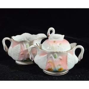 Vintage Occupied Japan Swan Creamer & Sugar Bowl Set Hand-Painted Porcelain Floral Design