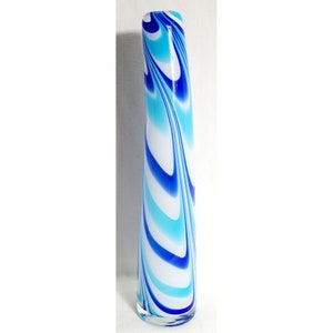 Beautiful Blown Art Glass Blue Teal White Swirl 16&quot; Tall Curved Vase LIKE NEW