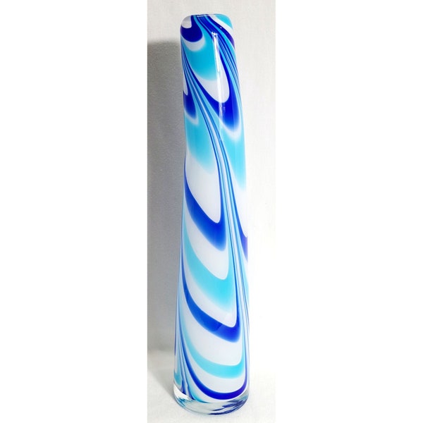 Beautiful Blown Art Glass Blue Teal White Swirl 16" Tall Curved Vase LIKE NEW