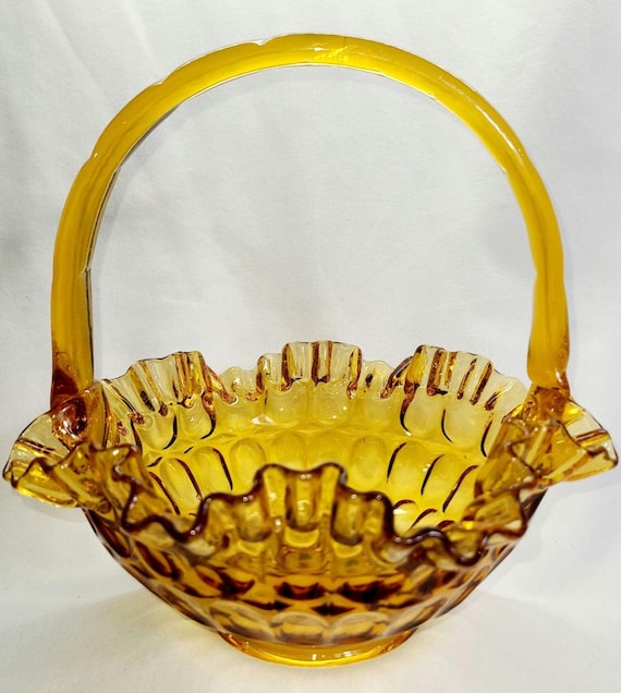 Vintage Fenton Amber Basket: Thumbprint Ruffle Edge, Bamboo Handle