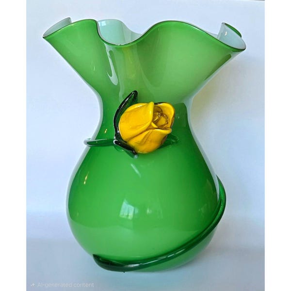 Grand vase en verre vert soufflé à la main, orné d'une rose jaune et bord ondulé.