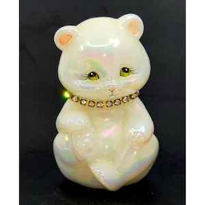 Adorable iridescent Fenton Bear w/Rhinestone Collar, Signed