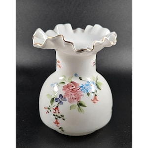 Hand-Painted Floral Milk Glass Fenton Charleton Rose Vase W/ Ruffled Gold-Trimmed Rim