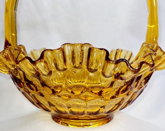 Vintage Fenton Amber Basket: Thumbprint Ruffle Edge, Bamboo Handle