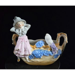 Antique German Porcelain Hand-Painted Figurine Vase With Woman & Bird Design