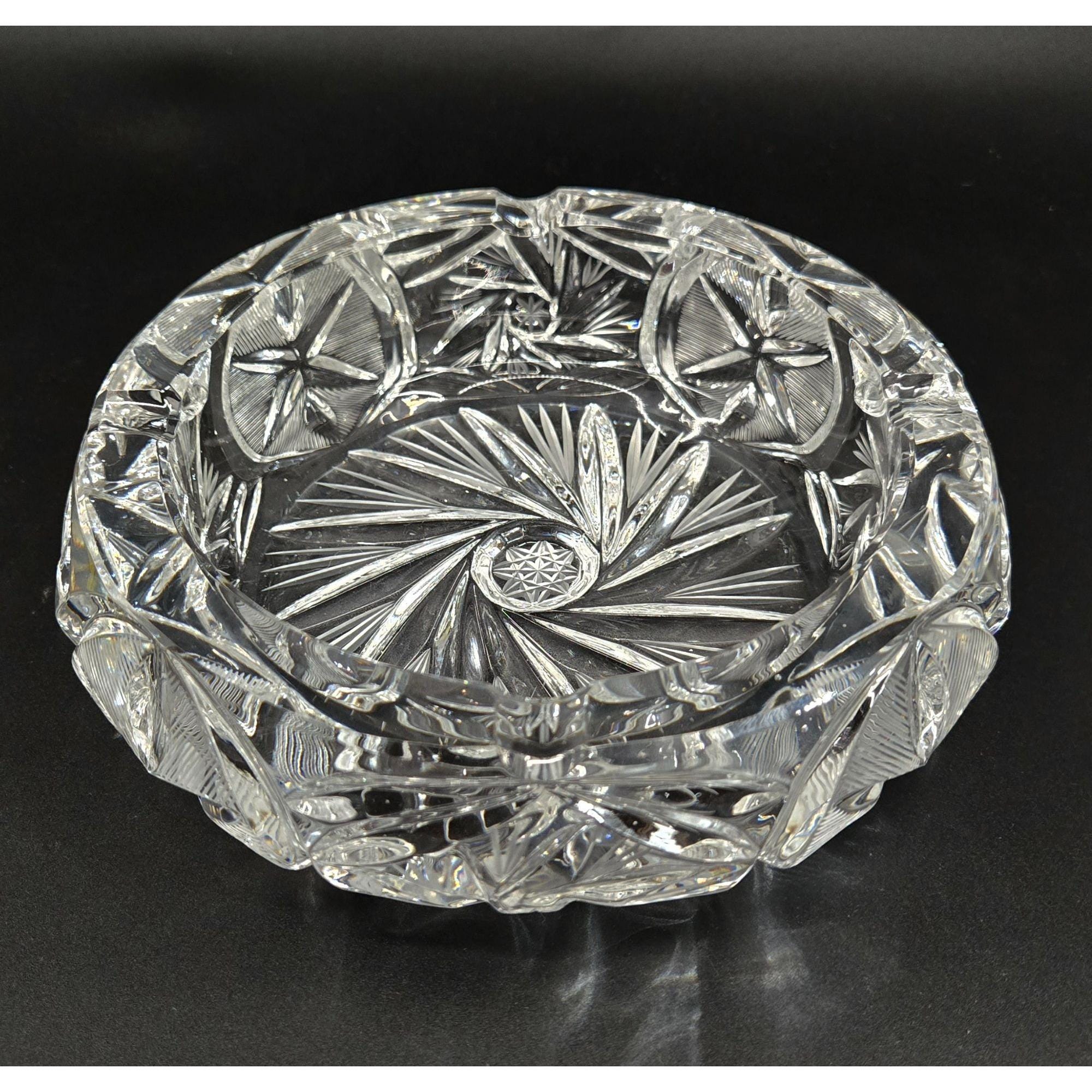 Vintage Cut Crystal Ashtray With Pinwheels, Starburst & Floral