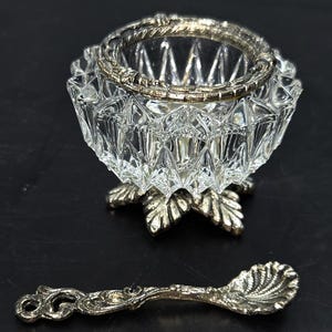 Antique DEP Silver-Plated Crystal Salt Cellar Dish With Ornate Spoon