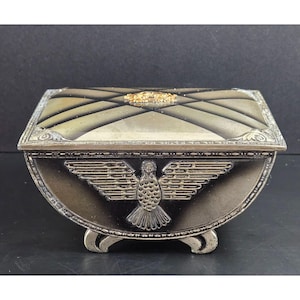 Vintage Metal Jewelry Box With Gold Floral Accent & Engraved Bird Design