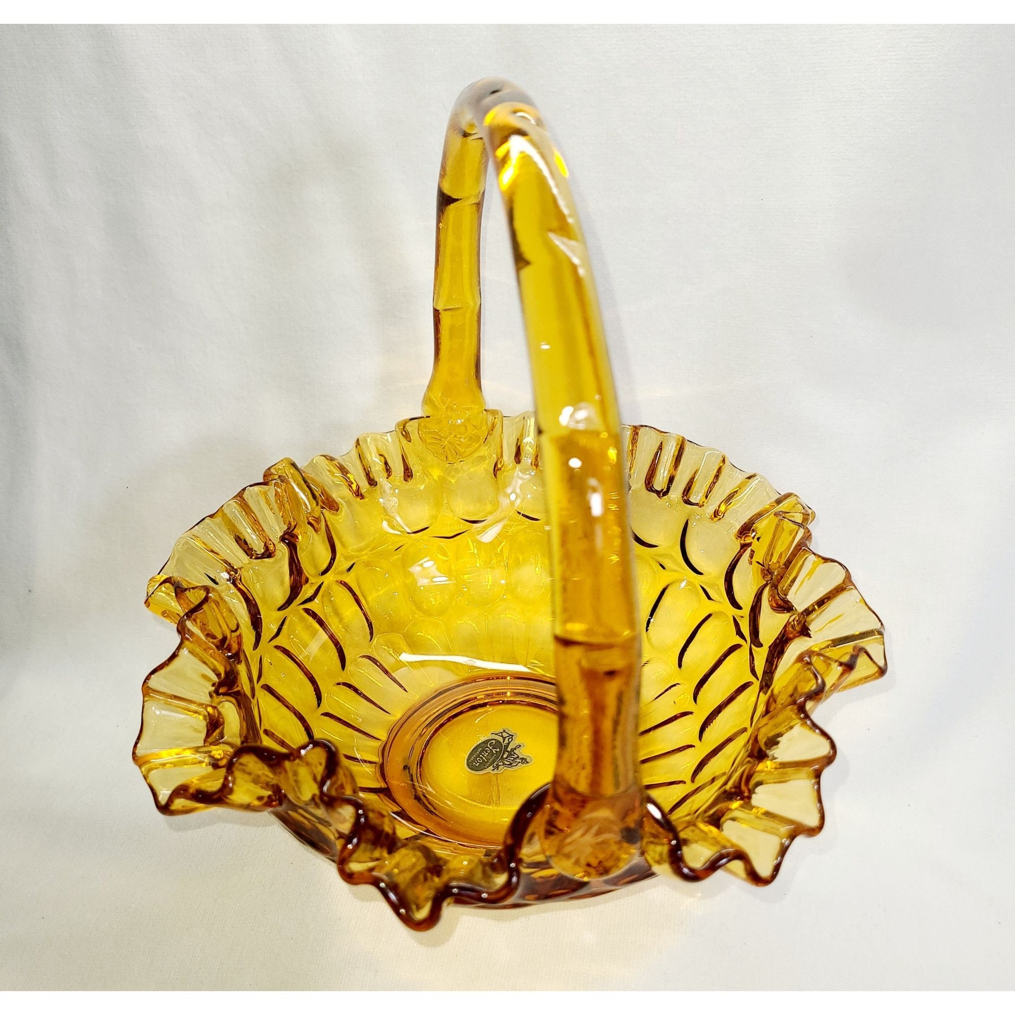 Vintage Fenton Amber Basket: Thumbprint Ruffle Edge, Bamboo Handle