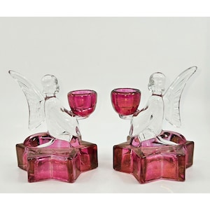 LE Smith 5&quot; Cranberry Clear Angel & Stars candlestick holders