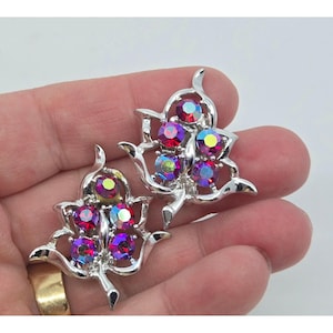 Vintage Sarah Coventry Earrings With Aurora Iridescent Cobalt Crystals & Silver-Toned Clip-Ons