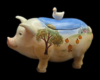 WCL Hand-Painted Pig & Duck Ceramic Cookie Jar With Pumpkin Farm Design