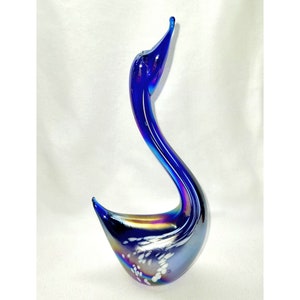 Cobalt iridescent blown glass swan paperweight