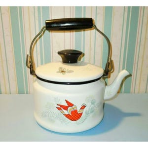Vintage Breggren Enamel Tea Kettle Bird & Butterfly Design by Georges Briard 3.5 cup