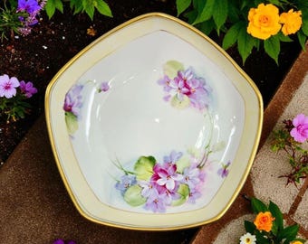 Hand-Painted Nippon Porcelain Footed Bowl With Gold Trim & Purple  Floral Design