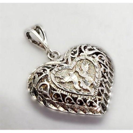 Large 925 Silver puffy 2 birds heart pendant - image 1