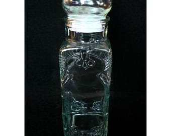 Vintage Clear Glass Apothecary Jar With Ornate Embossed Owl Design And Fitted Bubble Lid