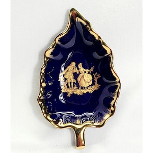 Vintage Limoges Cobalt Blue Fragonard Courting Couple Leaf Shaped Trinket Dish Gold Accents France