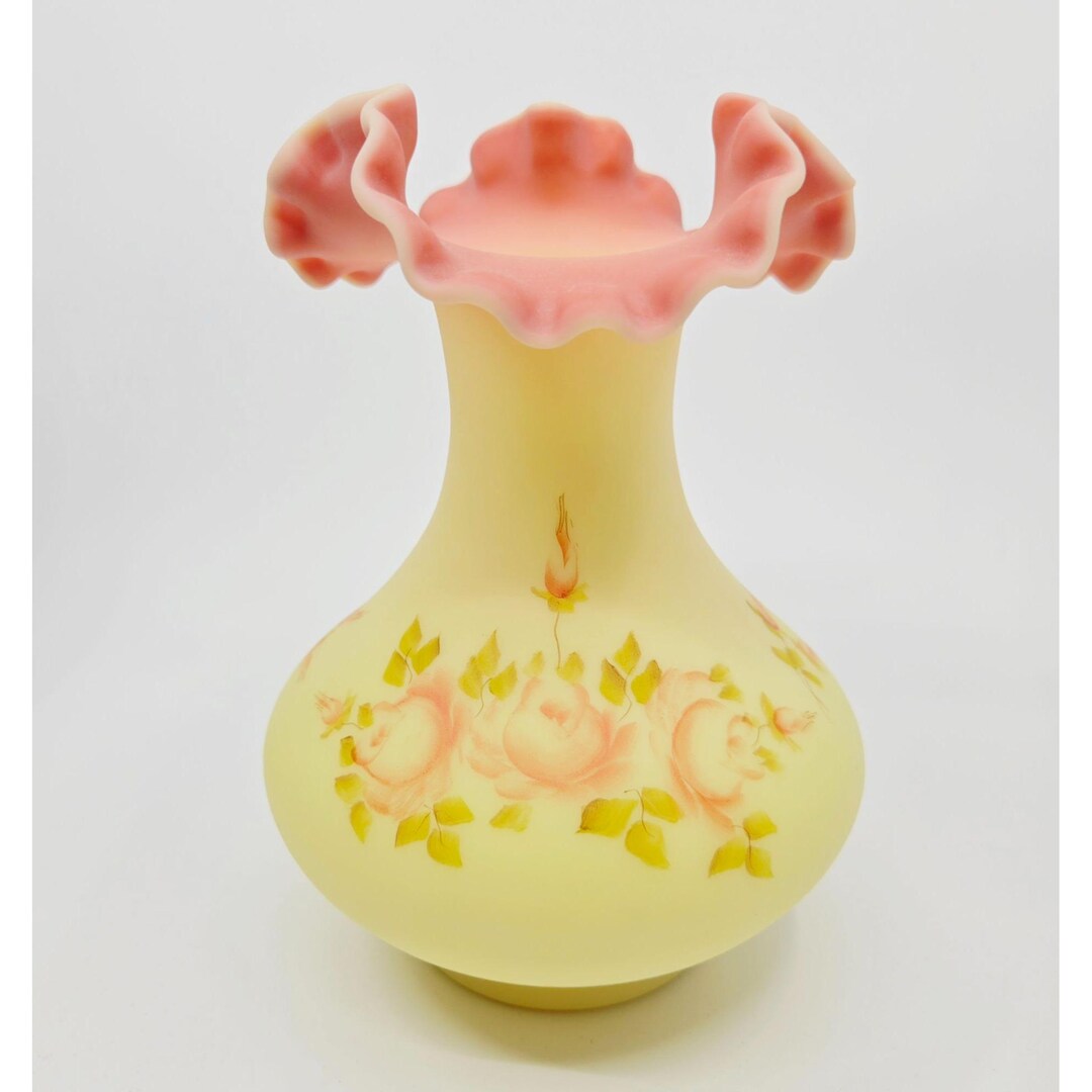 Fenton Hand-painted Custard Glass Vase With Pink Ruffled Rim & Rose ...