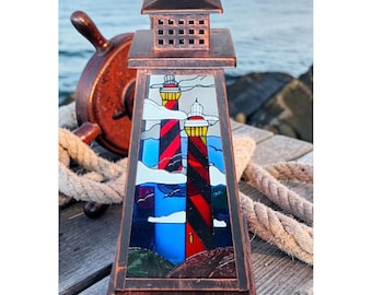 Metal and stained glass solar lighthouse, ocean scene lantern 12"