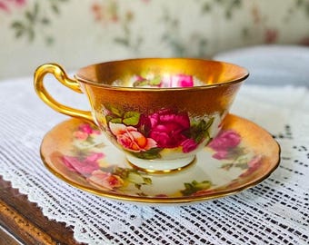 Jaren 40 Royal Chelsea Golden Rose Bone China theekop en schotel, rozen