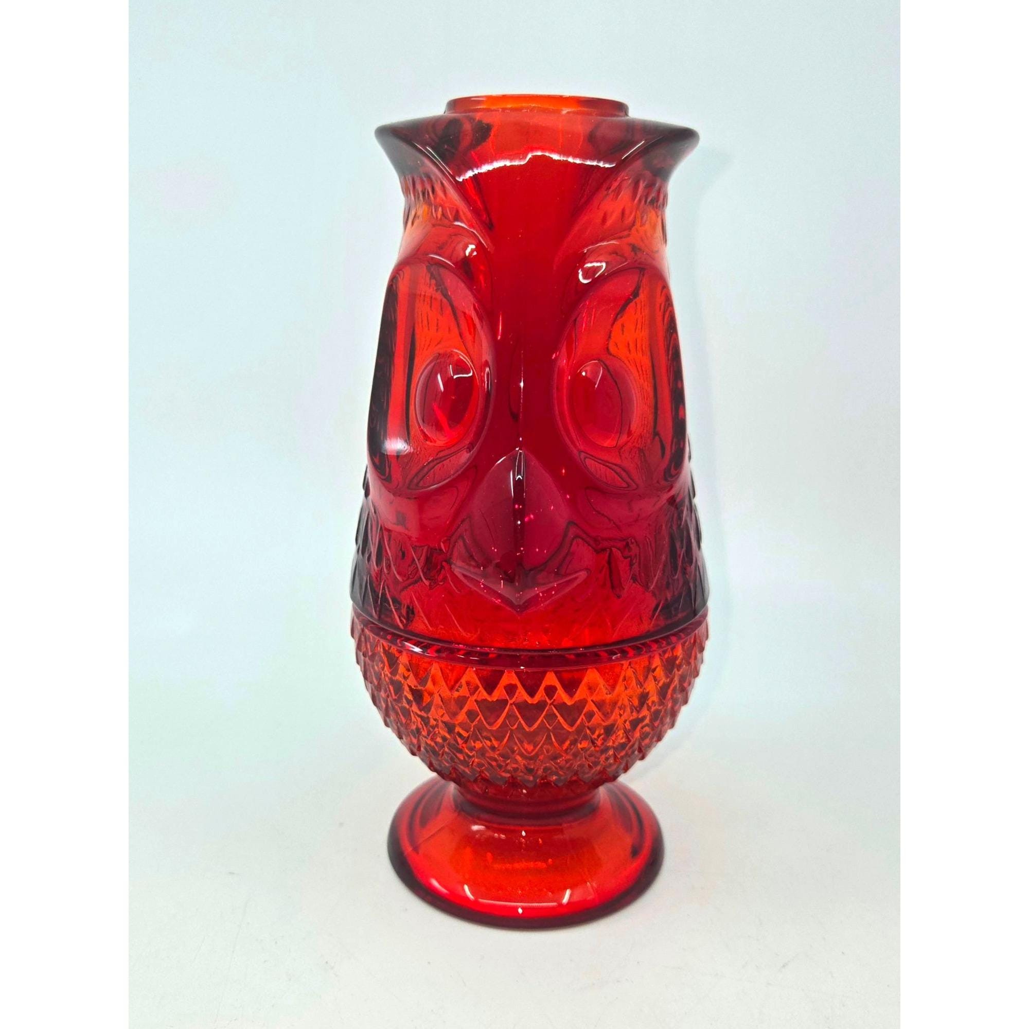 MCM Viking Glass Ruby Red Owl Fairy Lamp 7"