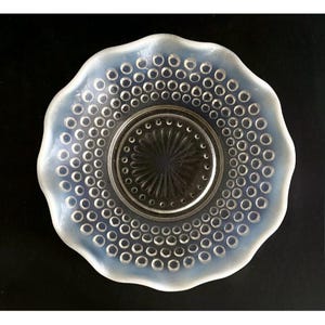 Pretty Anchor Hocking Moonstone hobnail opalescent trinket dish with scalloped edge