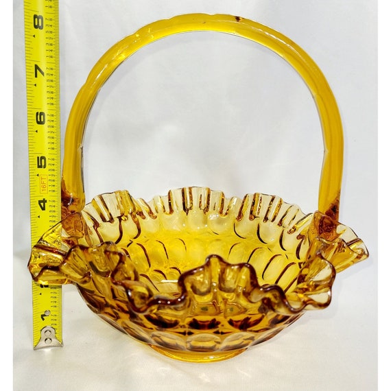 Vintage Fenton Amber Basket: Thumbprint Ruffle Edge, Bamboo Handle